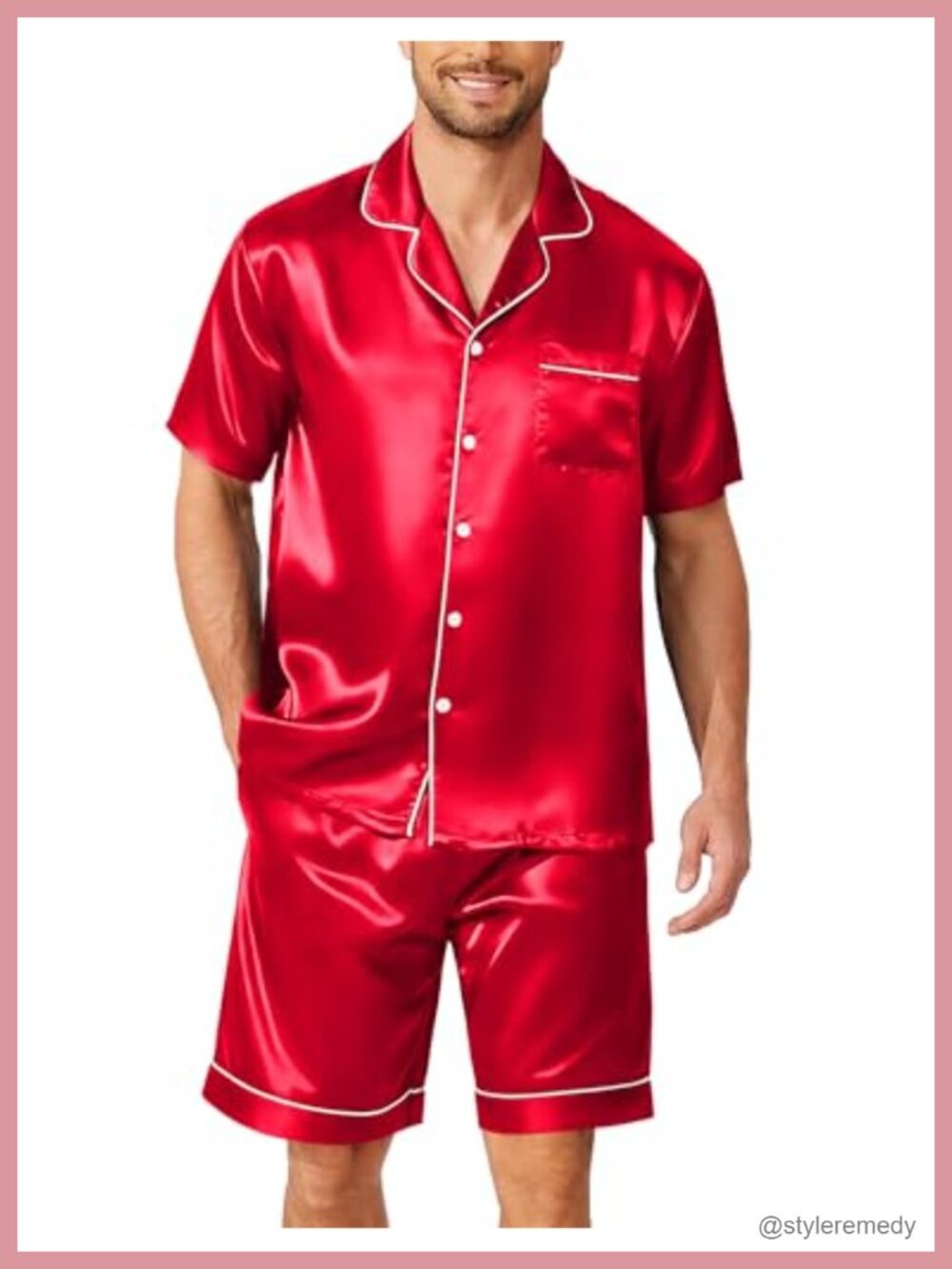 Men's Silk Satin Pajama Set Short Sleeve Button Up Lounge Sleepwear